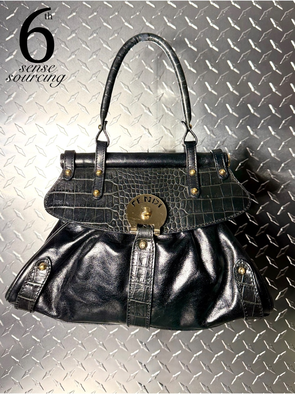 Fendi Vintage Croc Embossed Leather Small Magic Bag in Black